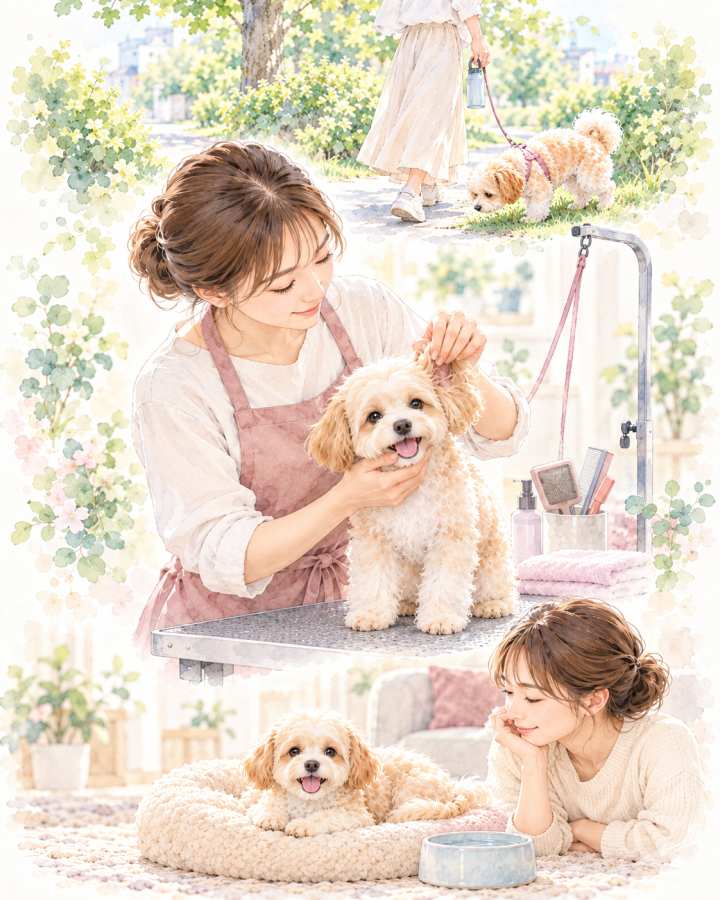 トリミング前の軽い散歩から施術後に休む犬までを描いたイラスト
